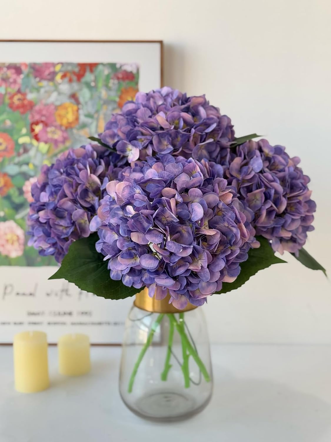 4Pcs Purple Silk Hydrangea Artificial Flower Lifelike Big Blooms 20&#x27;&#x27; Long Stem Faux Hydrangea Flower Bouquets for Home Party Indoor Outdoor Wedding Table Centerpiece Decor