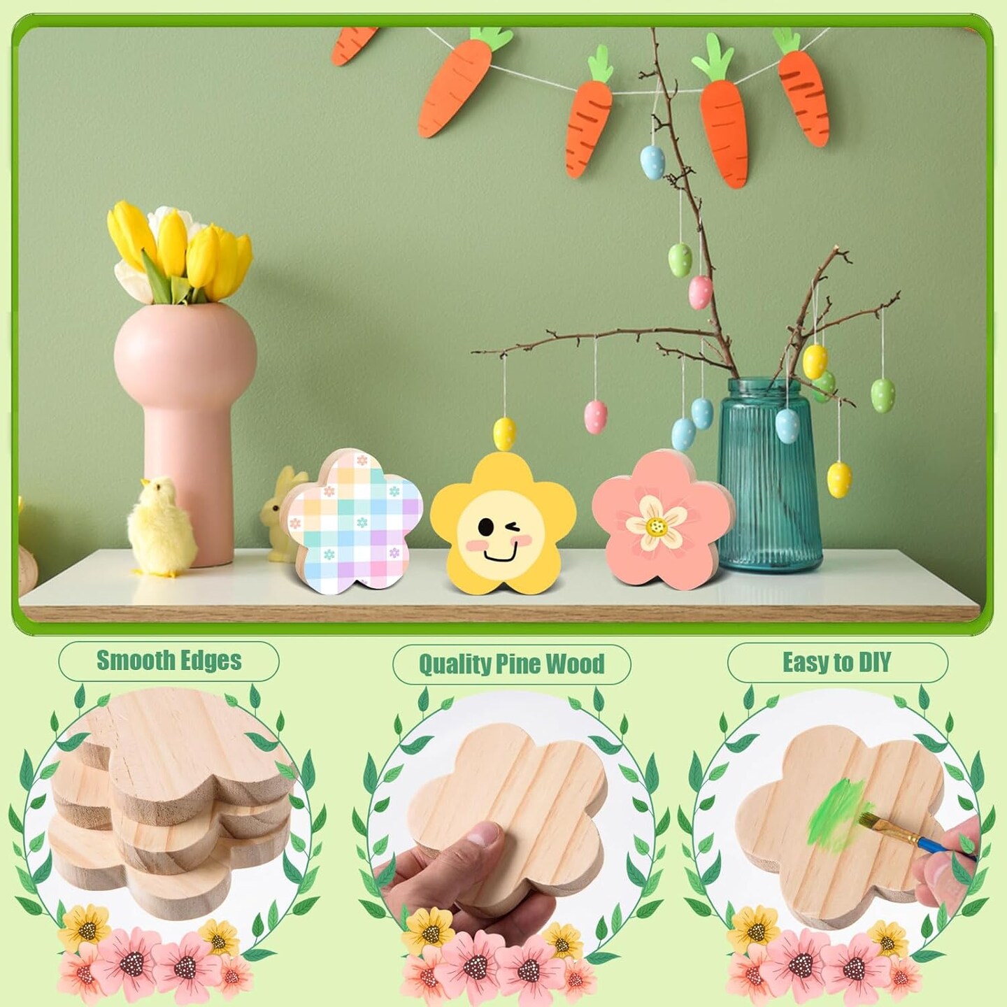 12 Pcs Spring Flower Wooden Cutouts Unfinished Flower Shaped Table Signs Wooden Flowers Blocks to Paint Blank Wooden Table Centerpieces for DIY Crafts Spring Home Shelf Tiered Tray