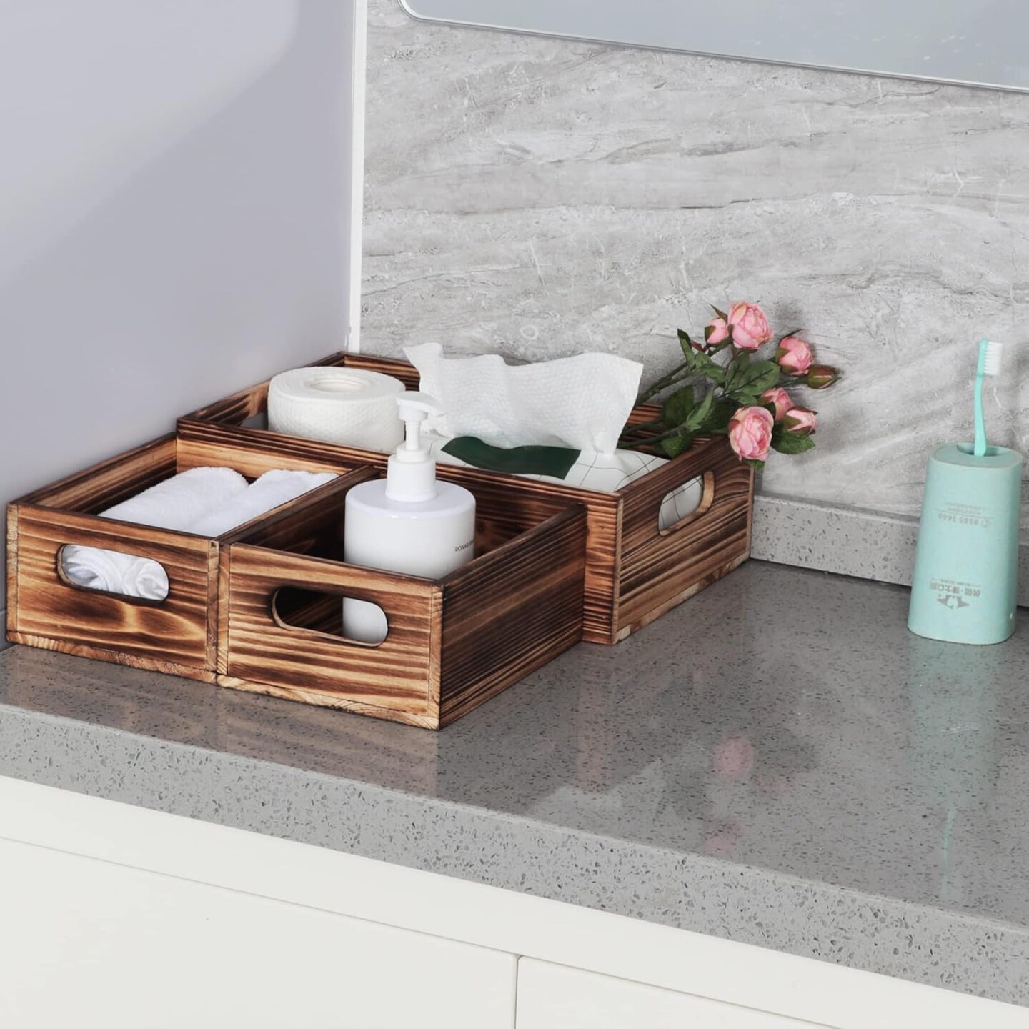 Wooden Crate Stackable Decorative Wood Crates set of 3 for Storage Display Rustic Nesting Box Basket Home Decoration Boxes Container Bin with Handles Farmhouse Decor,Solid Pine,L+M+S