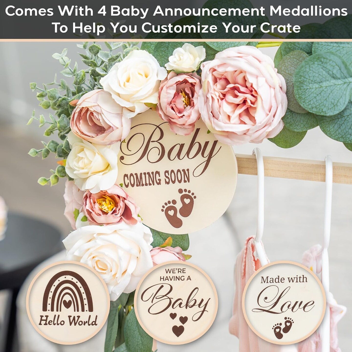 Wooden Baby Shower Crate Closet - Customizable Wooden Crate Box with Dual Rod System, Personalized Baby Shower Basket Alphabet Letters, Easy Assembly Baby Baskets for Baby Shower