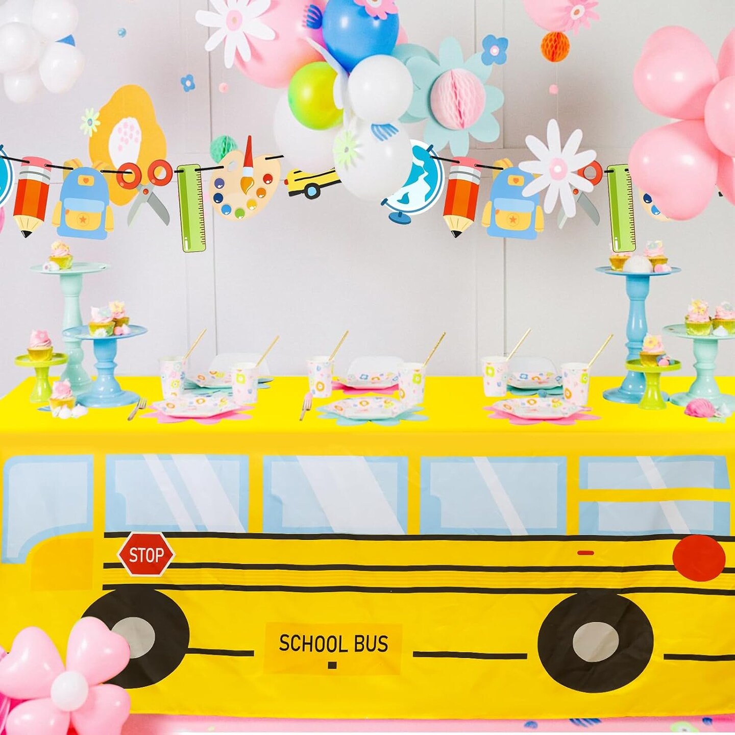 6 FT School Bus Tablecloth Back to School Table Cloth Decorations (Yellow) 72"L x 30"W