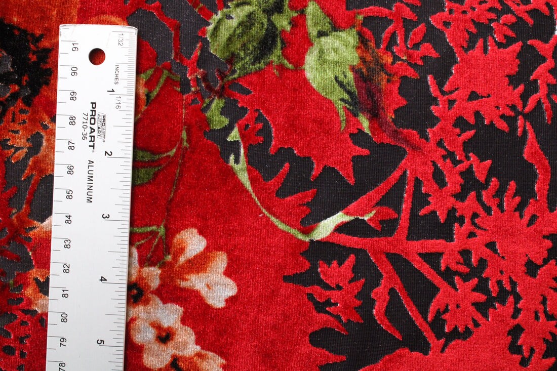 1 Yard 4-Way Stretch Red and Orange Floral Velvet Fabric Multipurpose