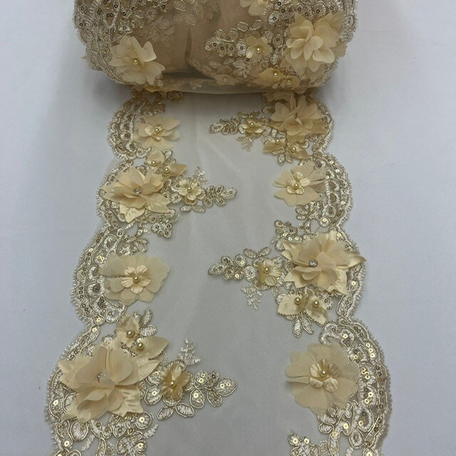 3 Yard Sequin 3D Lace Fabric 22.86 cm Wide Mesh with Pearls, Beads &#x26; Embroidery 100% Polyester