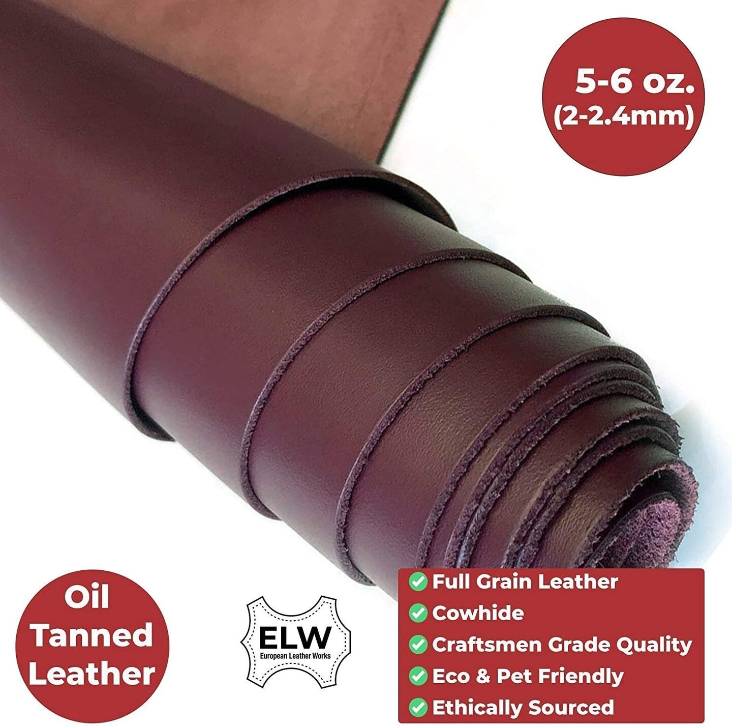 ELW Oil Tanned Leather 5/6 OZ (2-2.4mm) | Full Grain| Pre-Cut Sizes from 6&#x22; to 48&#x22;| Cowhide Handmade Perfect for Crafting, Sewing, Molding, Workshop