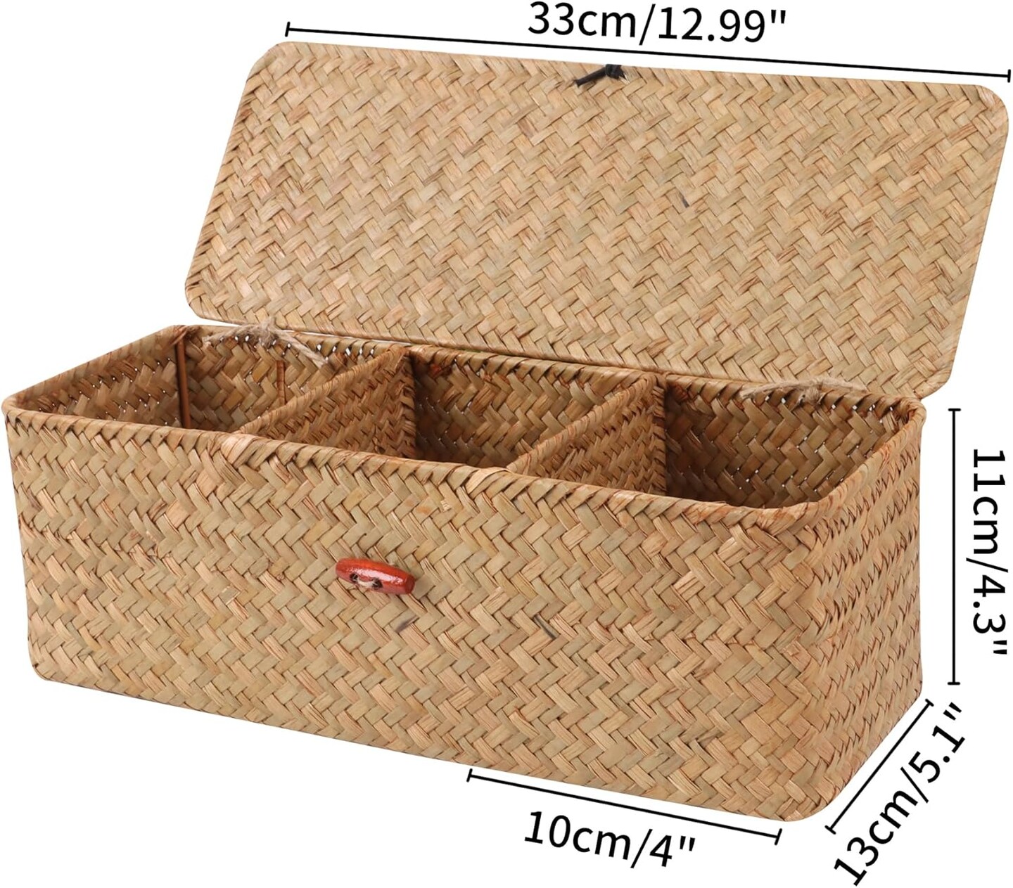 Wicker Woven Storage Baskets with Lid and Dividers (Natural) 5.1"D x 13"W x 4.3"H