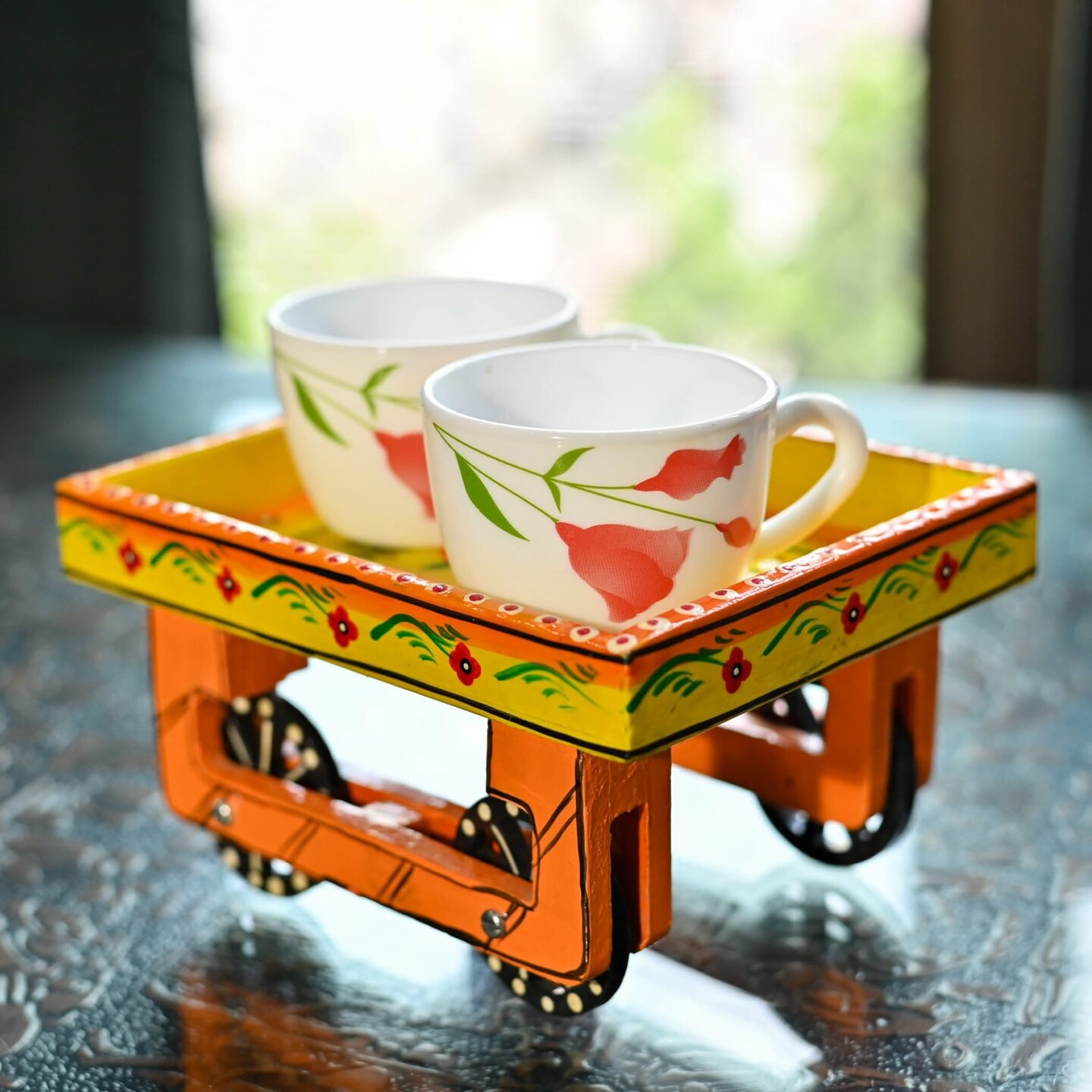 Wooden Trolley with Wheels Hand Painted Serving Tray Indian Decorative Platter for Snack Tea Home Kitchen Restaurant Table Decor Great Gift Idea