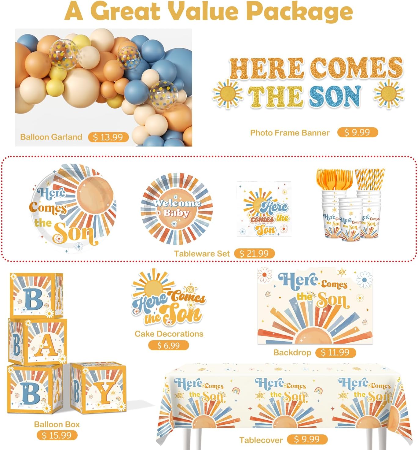 Here Comes The Son Baby Shower Decor, Retro Sun and Sunshine Themed