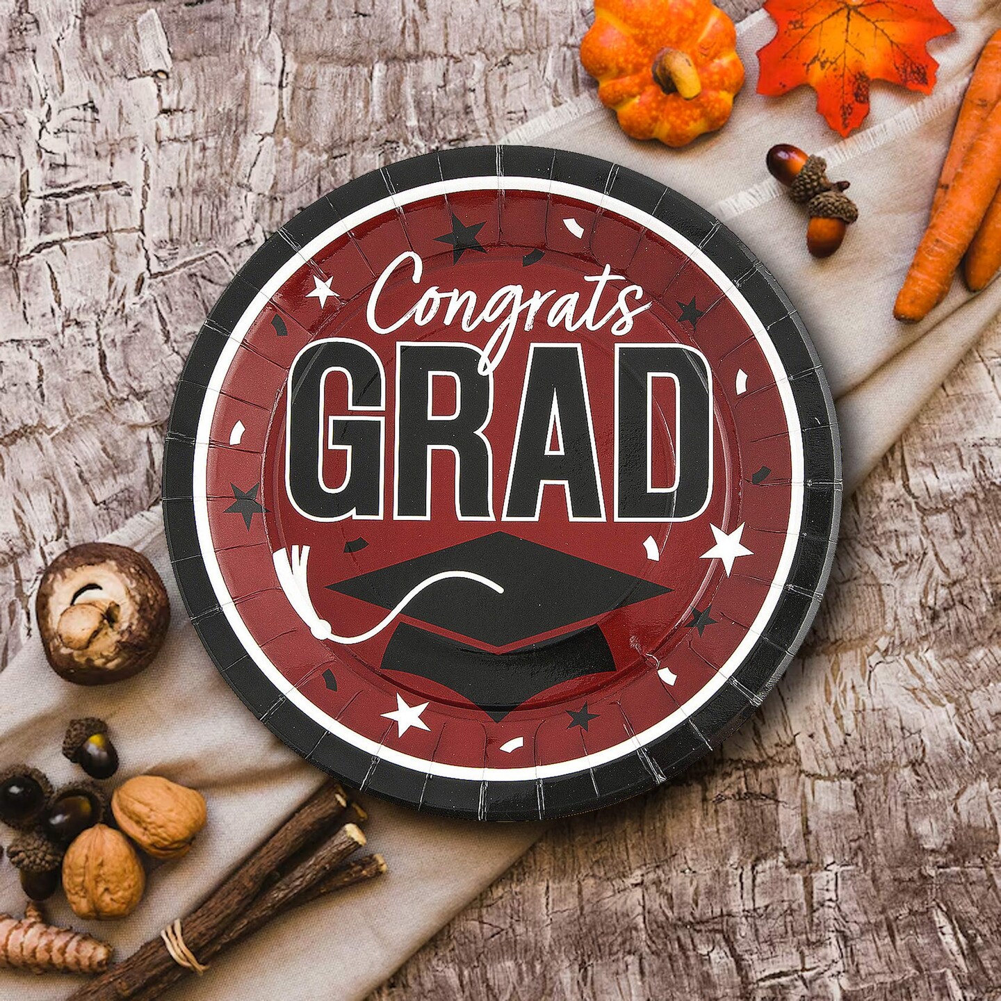 25 Count Burgundy Congrats Grad 9 Inch Paper Plates for Elegant Graduation Events