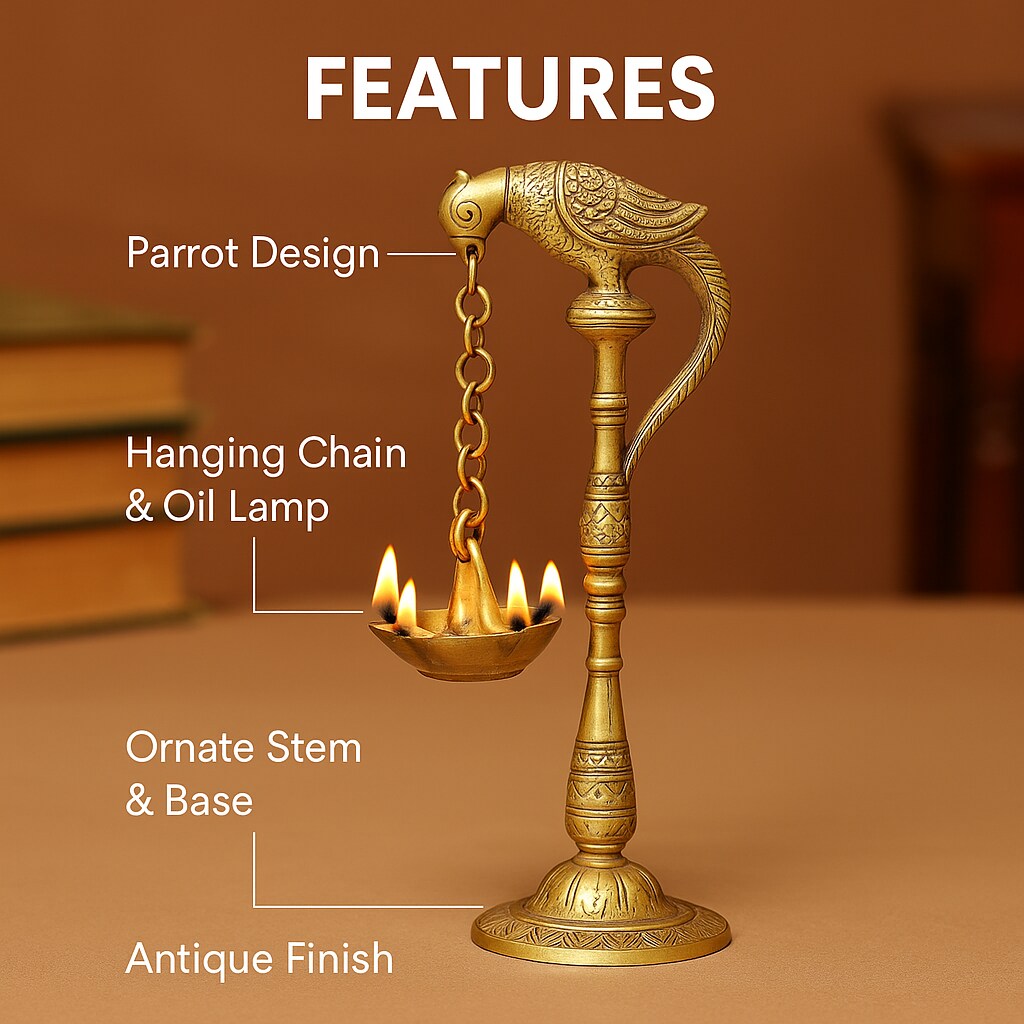 2 Pc Parrot Brass Oil Diya Kerala Samai Puja Diya Traditional 7.5 Inches Bird Pair Hanging Chain Oil Lamp Hindu Religious Kathu Vilakku Deepak for Home Temple Diwali Decor Housewarming Gift
