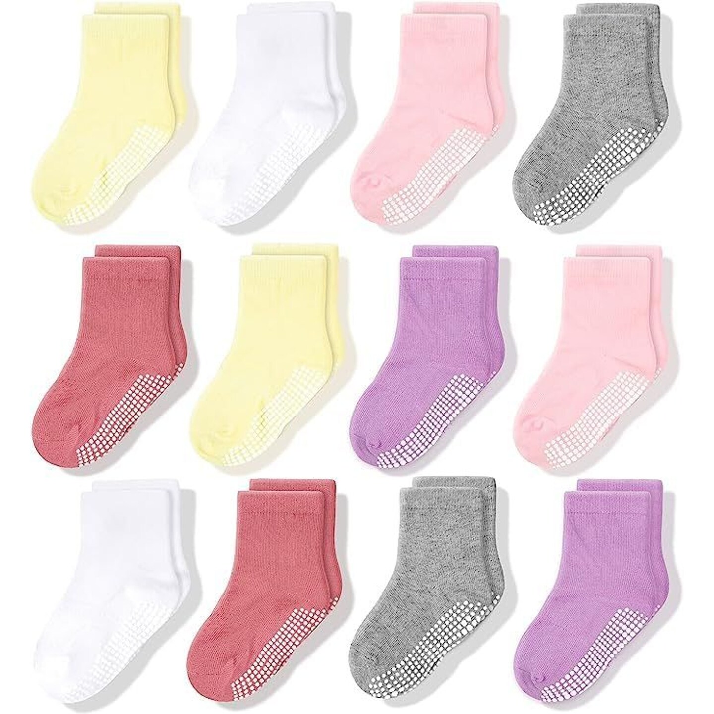 CozyWay Toddler Girl Socks With Grippers Non Slip Crew Grip Socks for Girls Soft Comfy Cotton - 3T-5T Multi Color Pink - 12 Pack