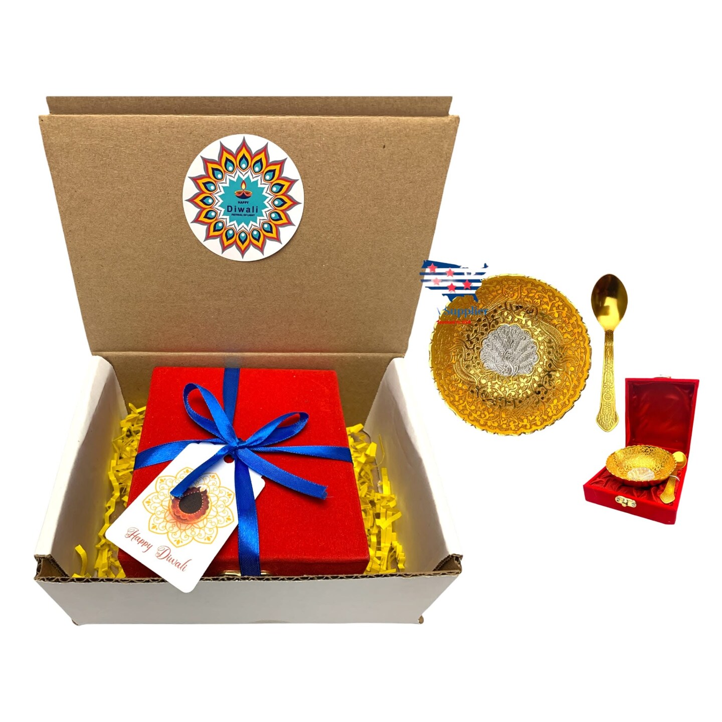 Diwali Gift Hamper German Gold Silver Plated Round Bowl and Spoon with Velvet Box Diwali Gift Item Festive Diwali Pujan Home Decorative Bhog Bowl for Employees Friends Relative