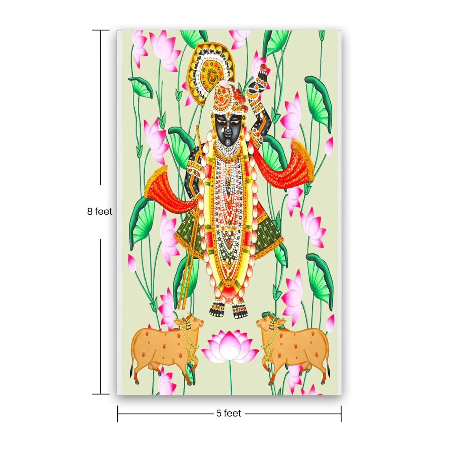 Krishna with Cow Backdrop Indian Traditional Cloth 5x8 Feet Backdrop Pooja Wall Decor Indian Wall Art Photo Decor Banner Indian Wedding Favor Decorative Pooja Cloth
