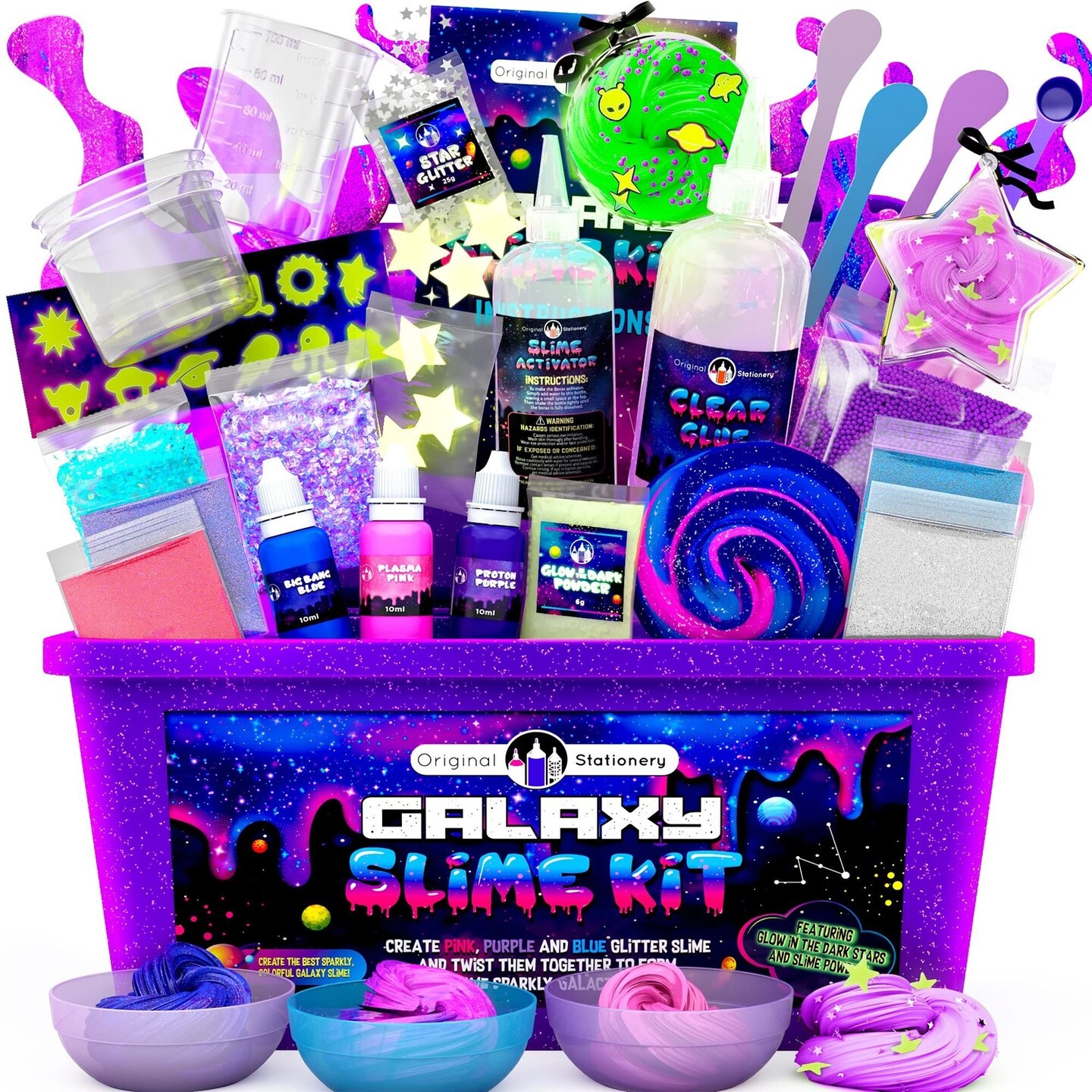 Original Stationery Galaxy Slime Kit, Slime Maker Set with Glow in The Dark Stickers, Dark Powder to Make Glitter &#x26; Galactic Slimes, Fun Slime Kit for Girls and Birthday Gifts for Girl, Ages 7-14