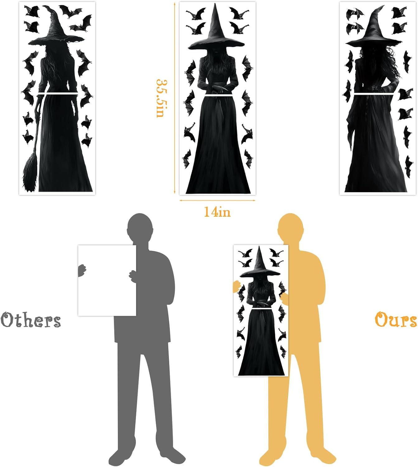 3pcs Large Dark Witch and Bats Silhouette Halloween Decals