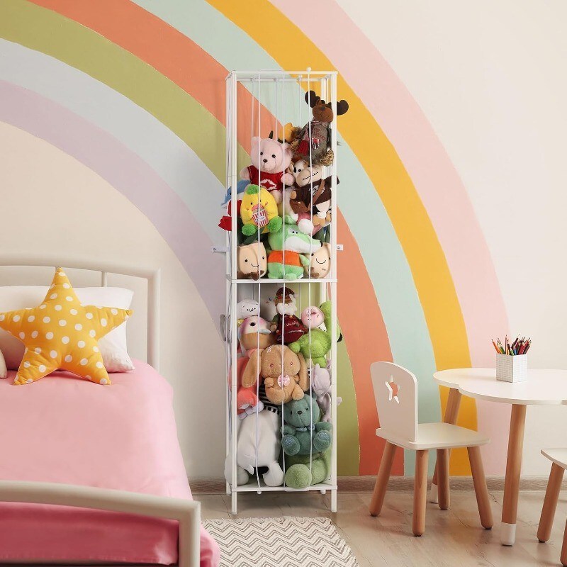 Metal Stuffed Animal Storage Organizer with Elastic Rope - Kids Toy Holder for Plush Toys &#x26; Sports Balls, Space-Saving Design, Sturdy Construction