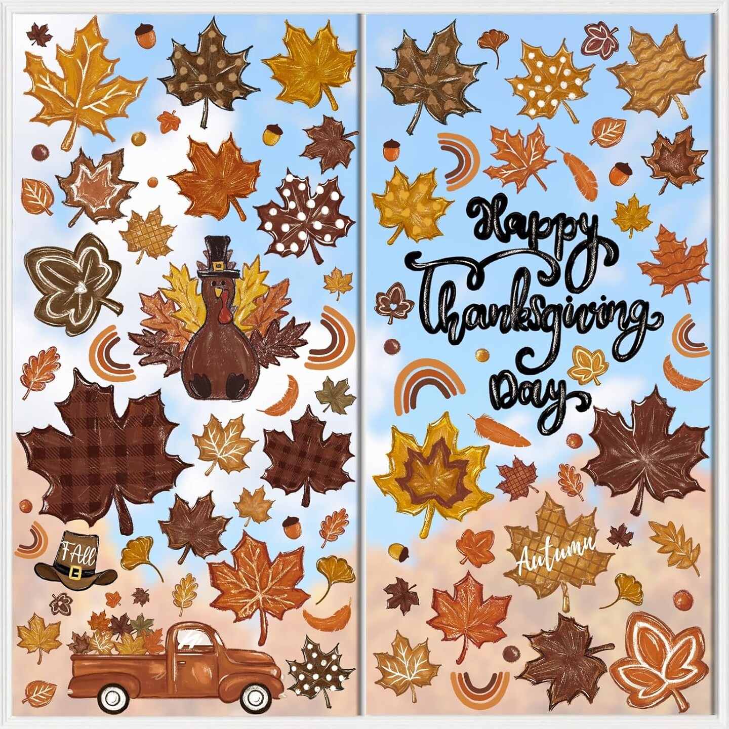 8 Sheets Thanksgiving Fall Leaves Window Clings Decals