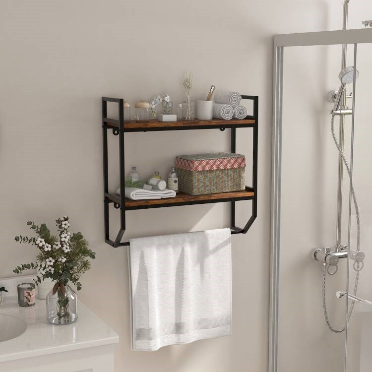 Rustic Brown Wall Mounted Bathroom Shelf with Towel Bar Modern 2 Tier Over Toilet Storage Rack
