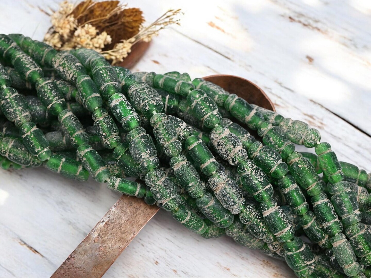 14x8mm Rustic Aged Emerald Green Indonesian Java Glass "Bottle" Beads (18" Strand)