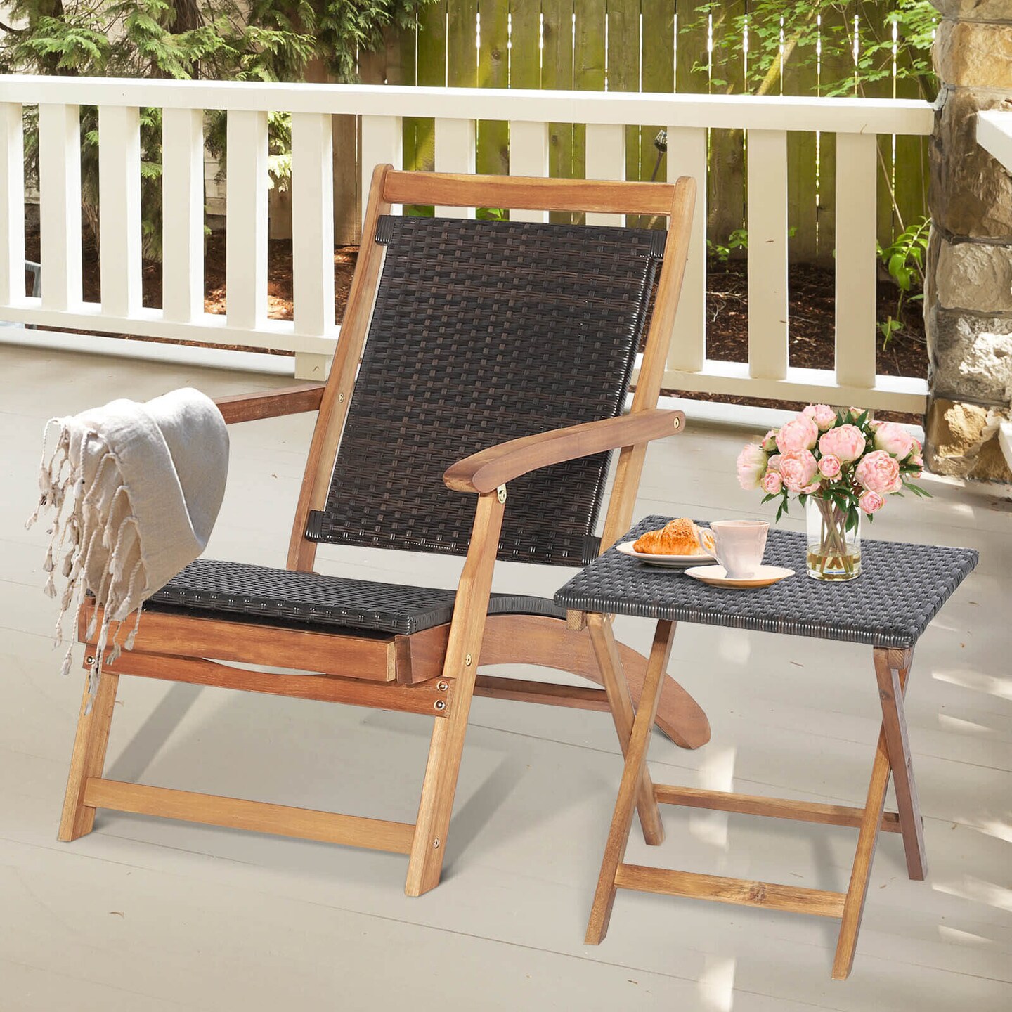 Patio Rattan Folding Chairs with Acacia Wood Table, 2-Piece Outdoor Set