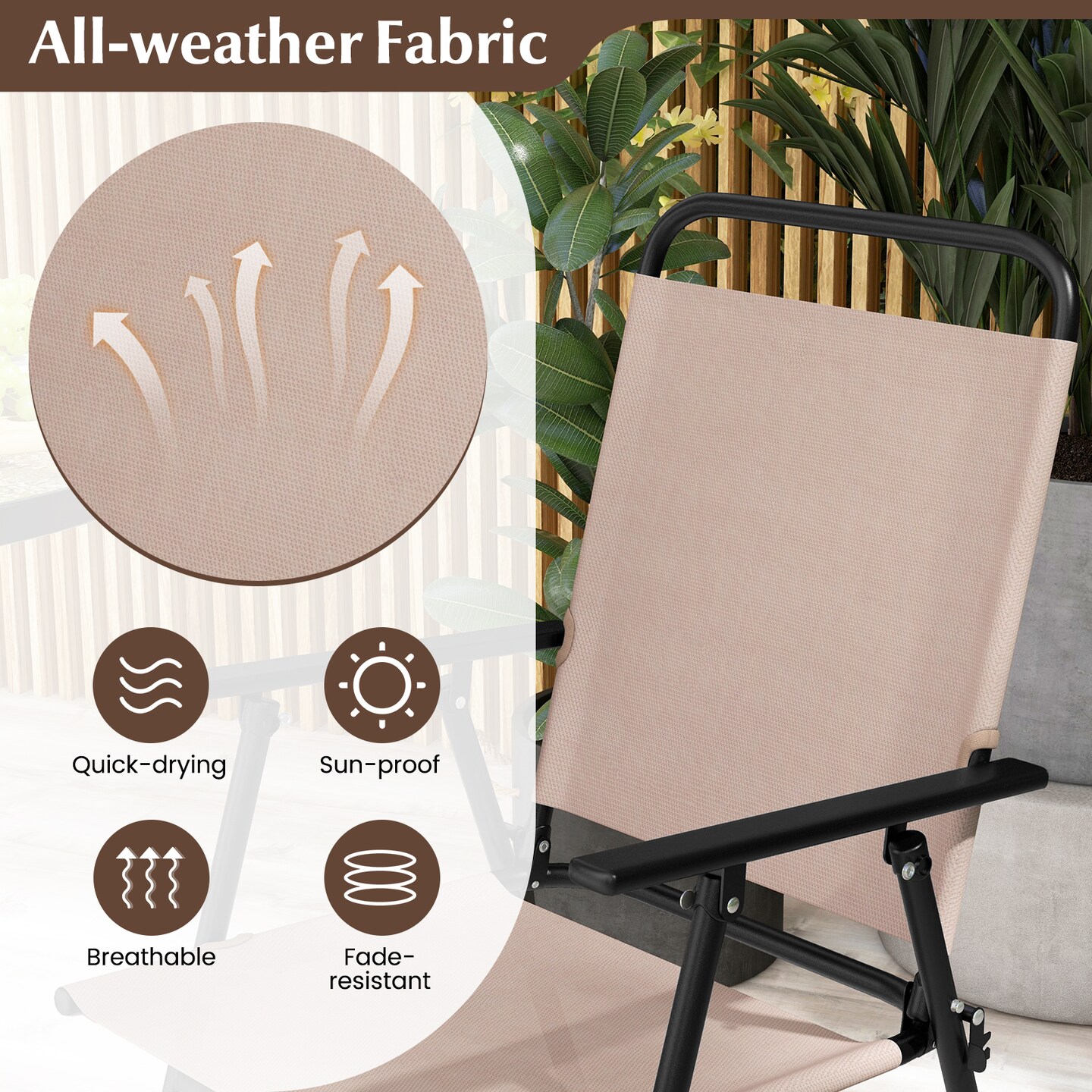 Beige 3-Piece Outdoor Bar Table And Folding Chairs Tempered Glass Metal Fabric