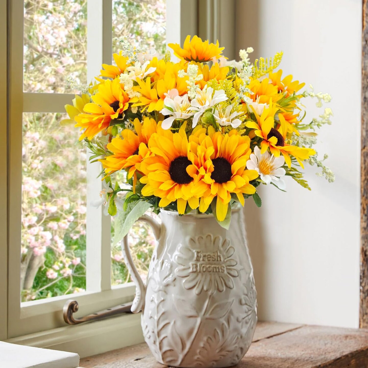 Spring Tabletop Decor – 5 Bunches Artificial Sunflower Bouquets with Faux Daisies & Wildflowers, Silk Sunflowers for Home Decor, Table Centerpieces, Bridal & Wedding Arrangements (Orange)