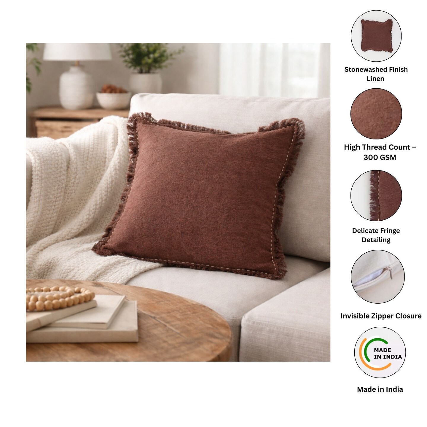 Stonewashed Linen Throw Pillow with Handworked Edges & Fringe - 22" x 22"