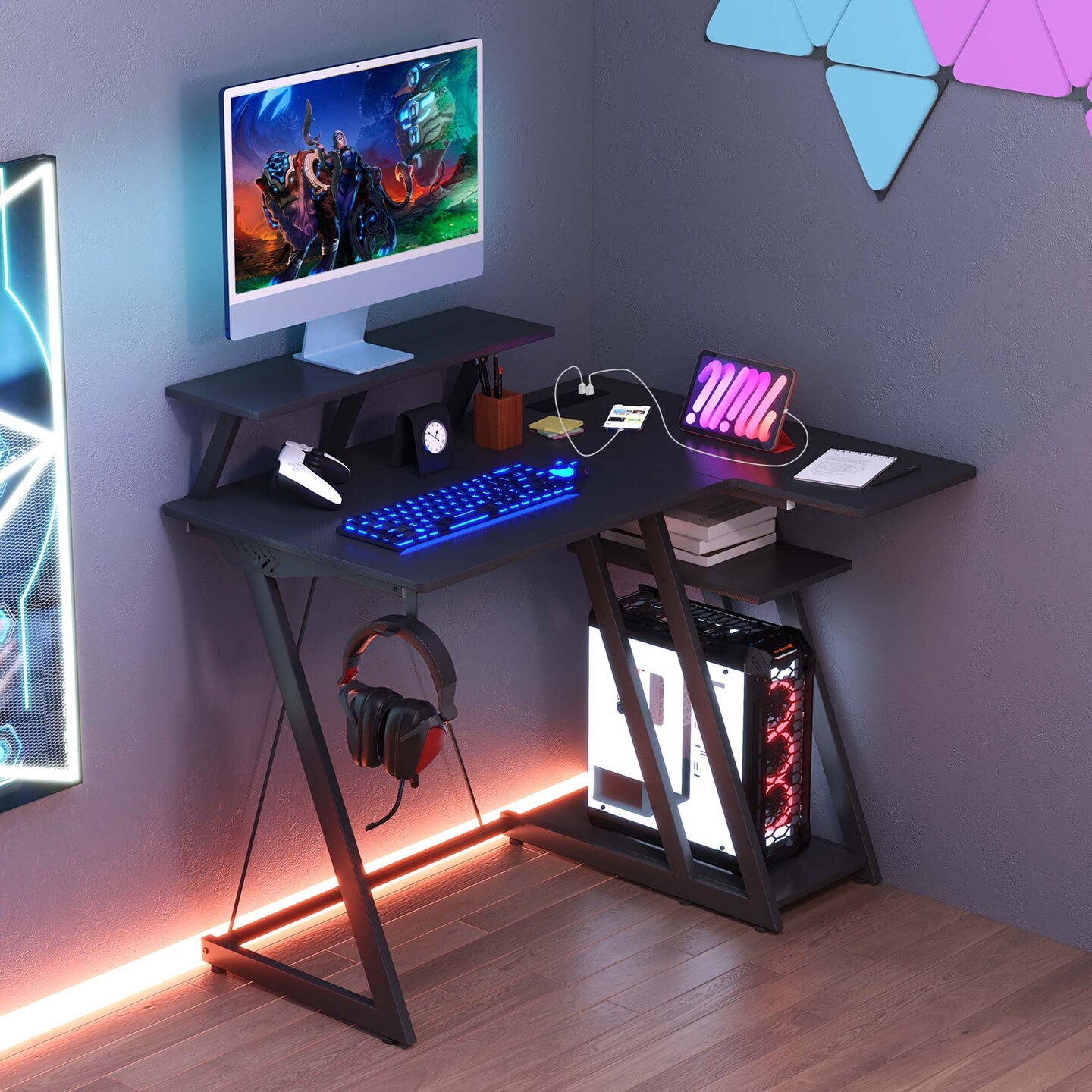 Costway L Shaped Gaming Desk with Outlets & USB Ports Monitor Shelf Headphone Hook Black/White/Pink