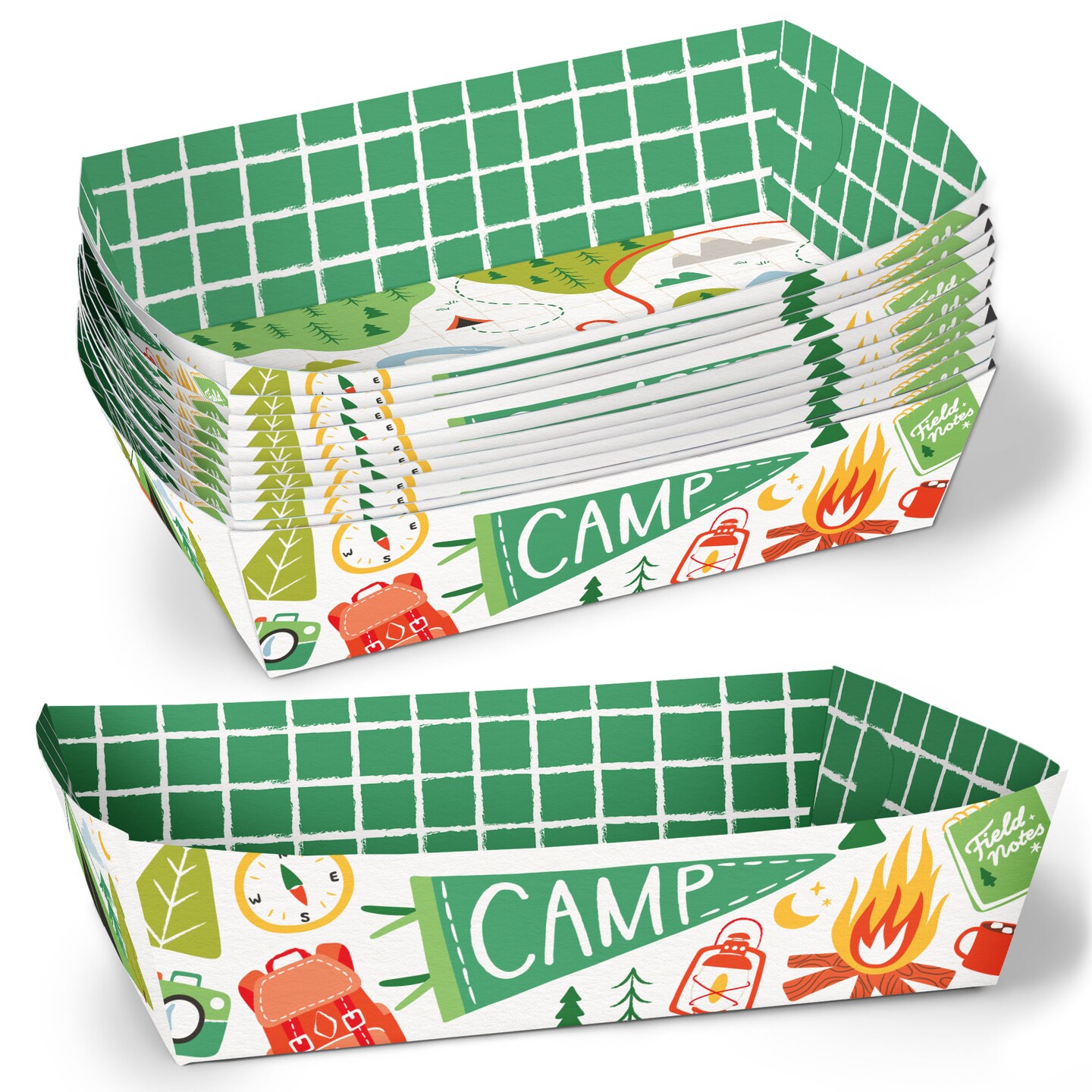 Big Dot of Happiness Camping Paper Food Trays, Disposable Food Boats for Happy Camper Kids Birthday Party, Double-Sided Meal Holders - 12 Ct