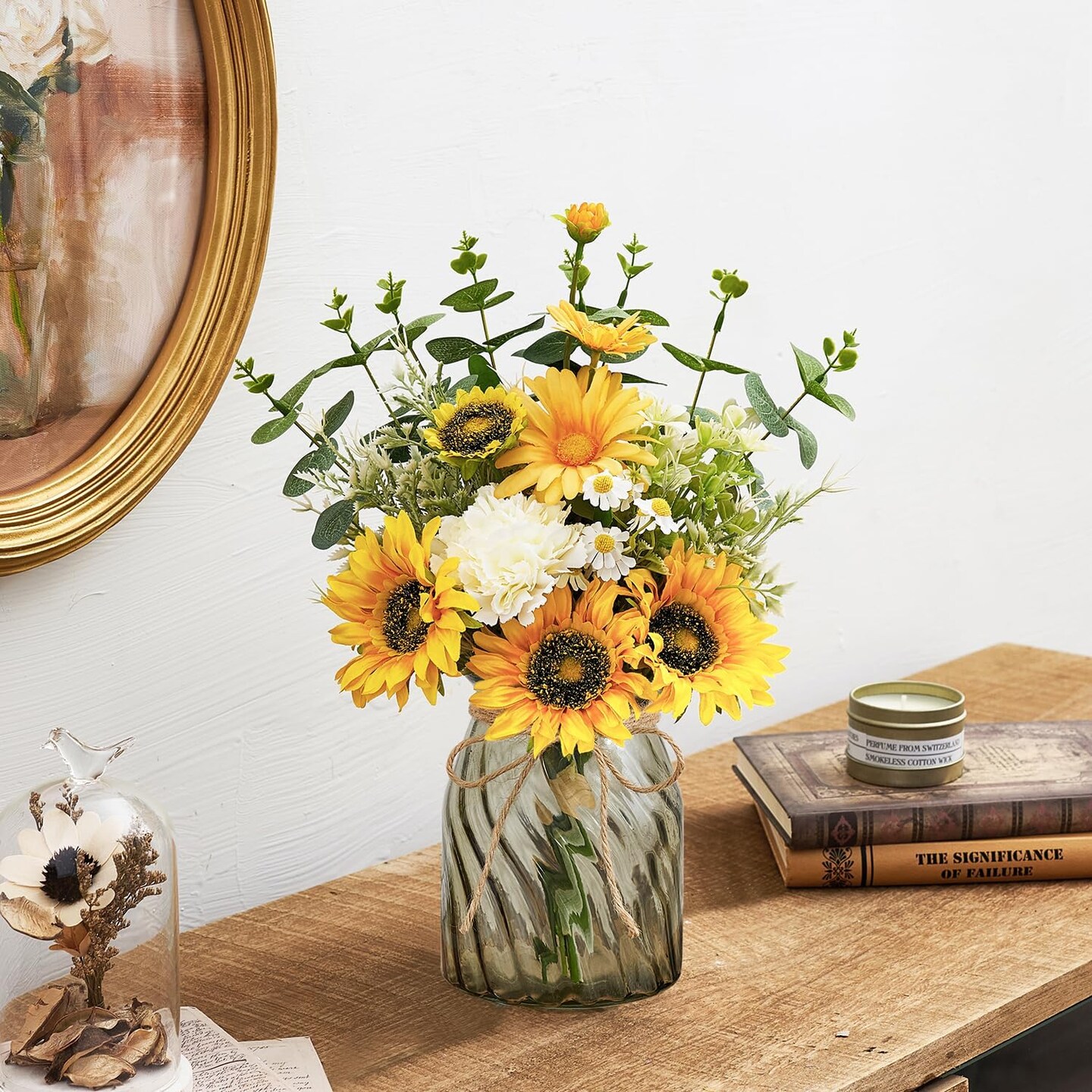 Spring Tabletop Decor – Artificial Sunflowers with Vase, Faux Silk Flower Arrangement with Daisies, Eucalyptus & Carnation for Kitchen Dining Table, Coffee Table & Farmhouse Centerpiece Decor