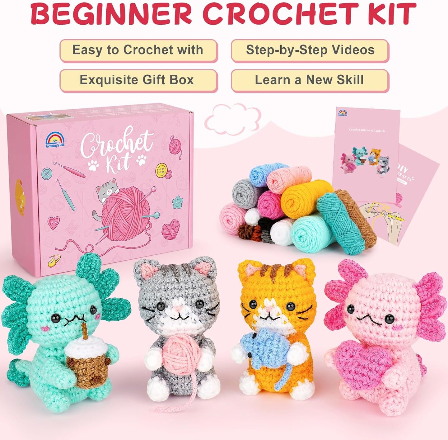 Crochet Kit for Beginners, Axolotls & Cat Crochet Kit for Adults Beginner, Complete Crochet Animals Starter Kit with Step-by-Step Video Tutorials, Easy Knitting Kit Cat Crafts Gifts