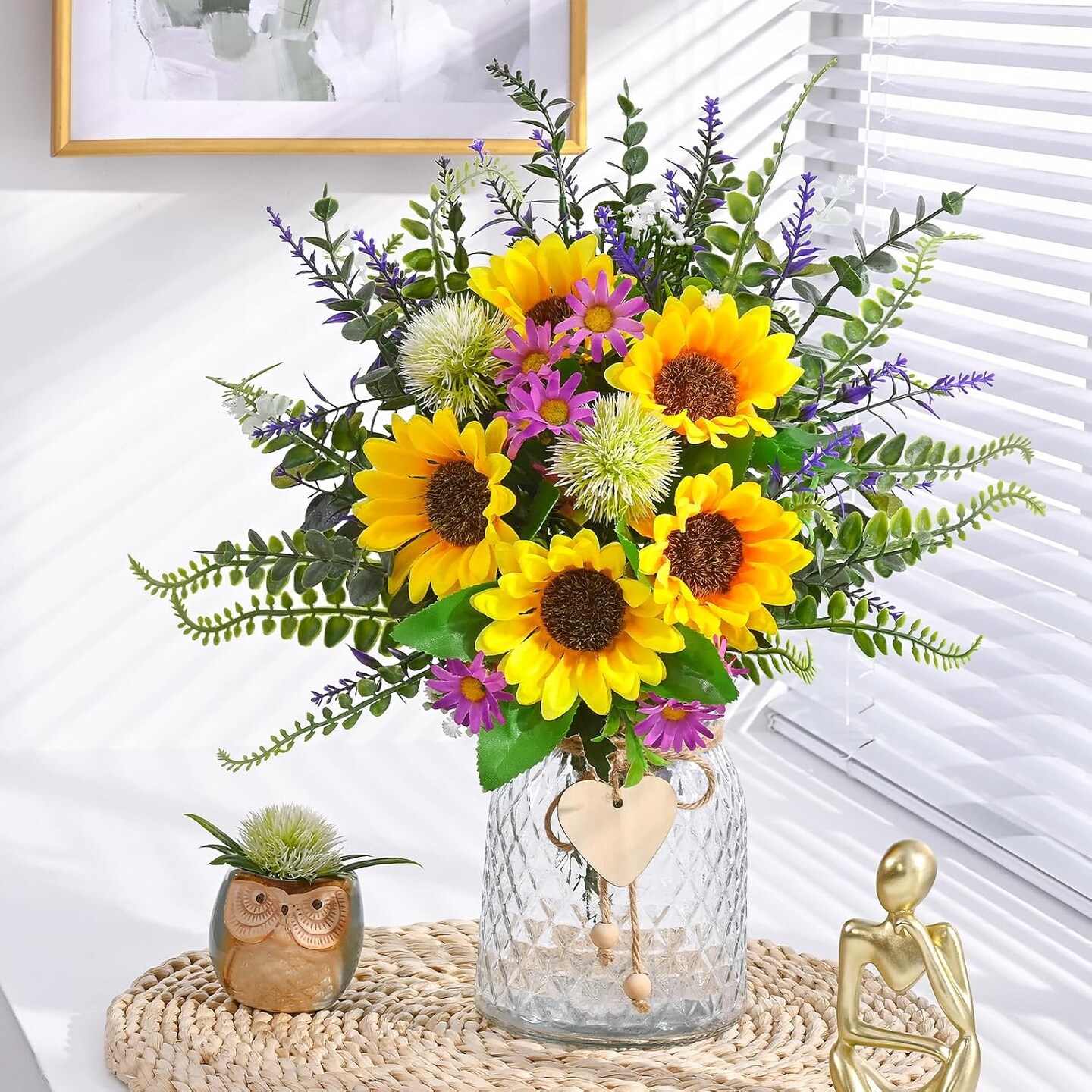 Spring Tabletop Decor – Artificial Sunflowers in Vase, Faux Silk Flower Bouquet Centerpiece for Dining Table, Coffee Table & Home Decoration