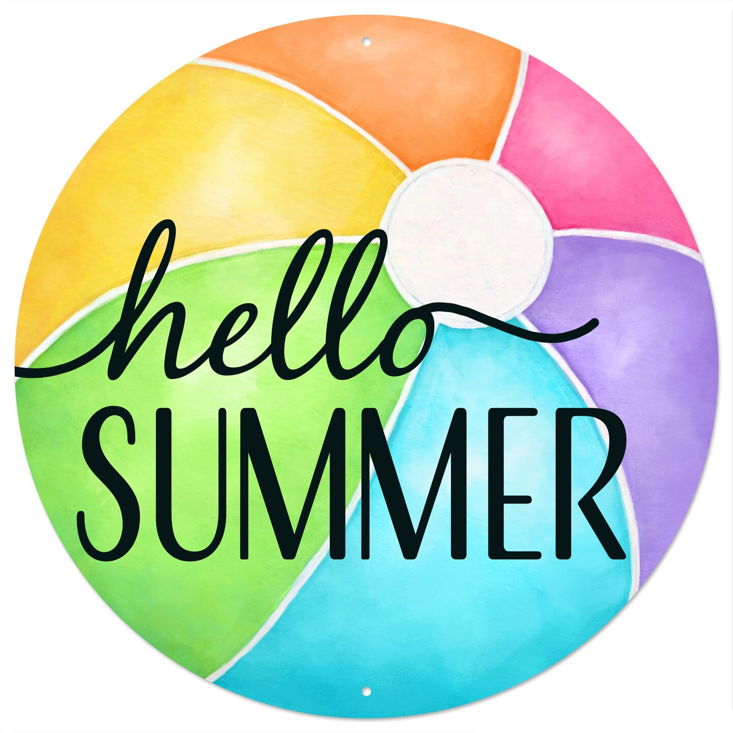 Beach Ball Metal Wall Sign, 12" Inch Round, Hello Summer for Wall Decorations or Wreath Accent Centerpiece