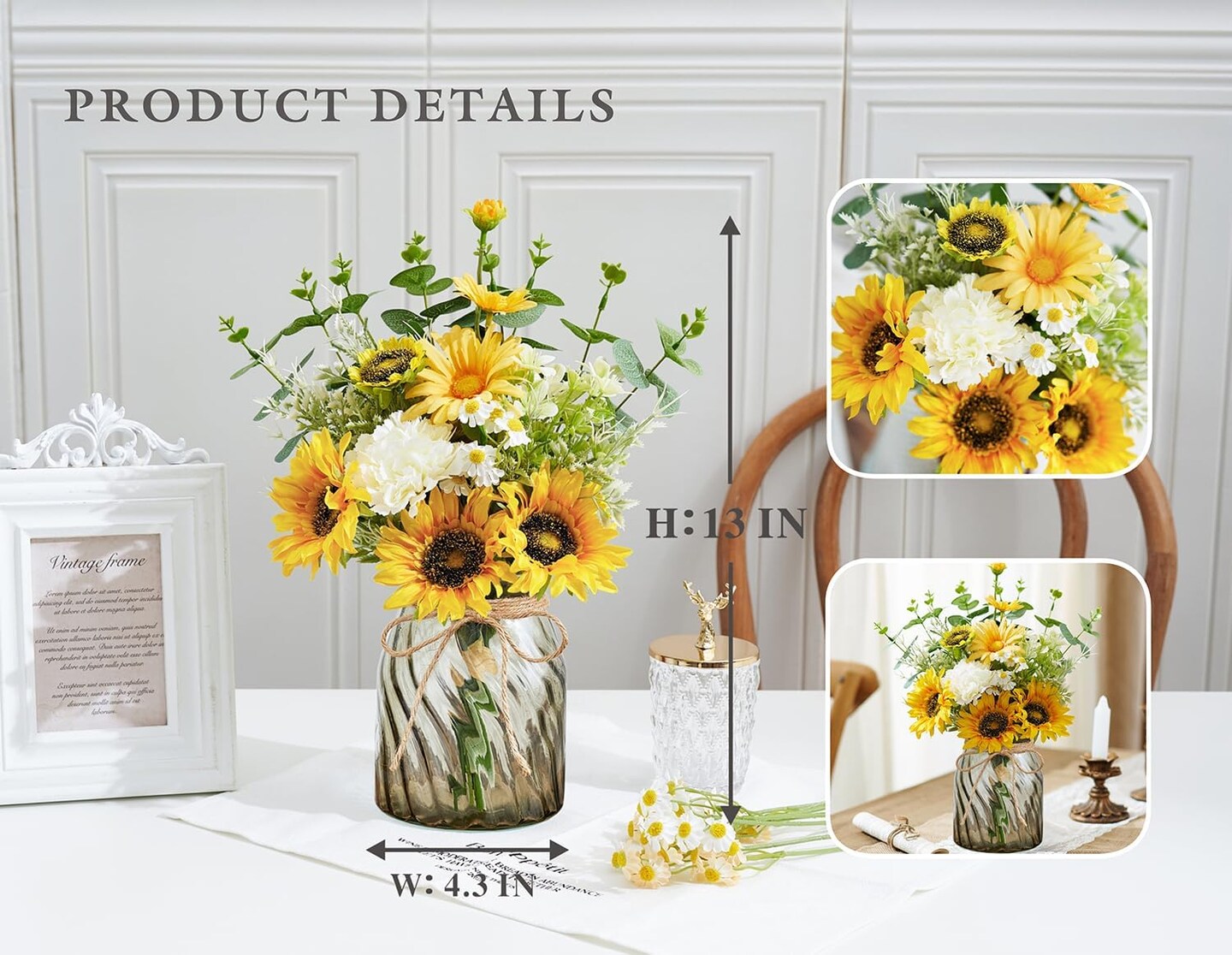 Spring Tabletop Decor – Artificial Sunflowers with Vase, Faux Silk Flower Arrangement with Daisies, Eucalyptus & Carnation for Kitchen Dining Table, Coffee Table & Farmhouse Centerpiece Decor