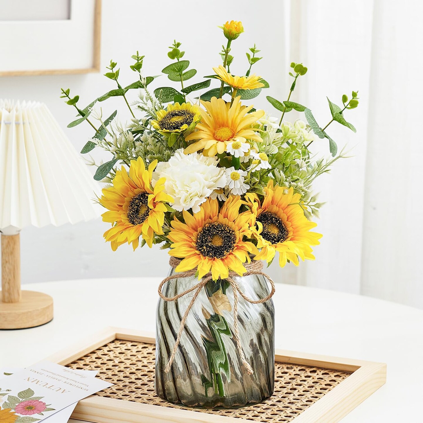Spring Tabletop Decor – Artificial Sunflowers with Vase, Faux Silk Flower Arrangement with Daisies, Eucalyptus & Carnation for Kitchen Dining Table, Coffee Table & Farmhouse Centerpiece Decor