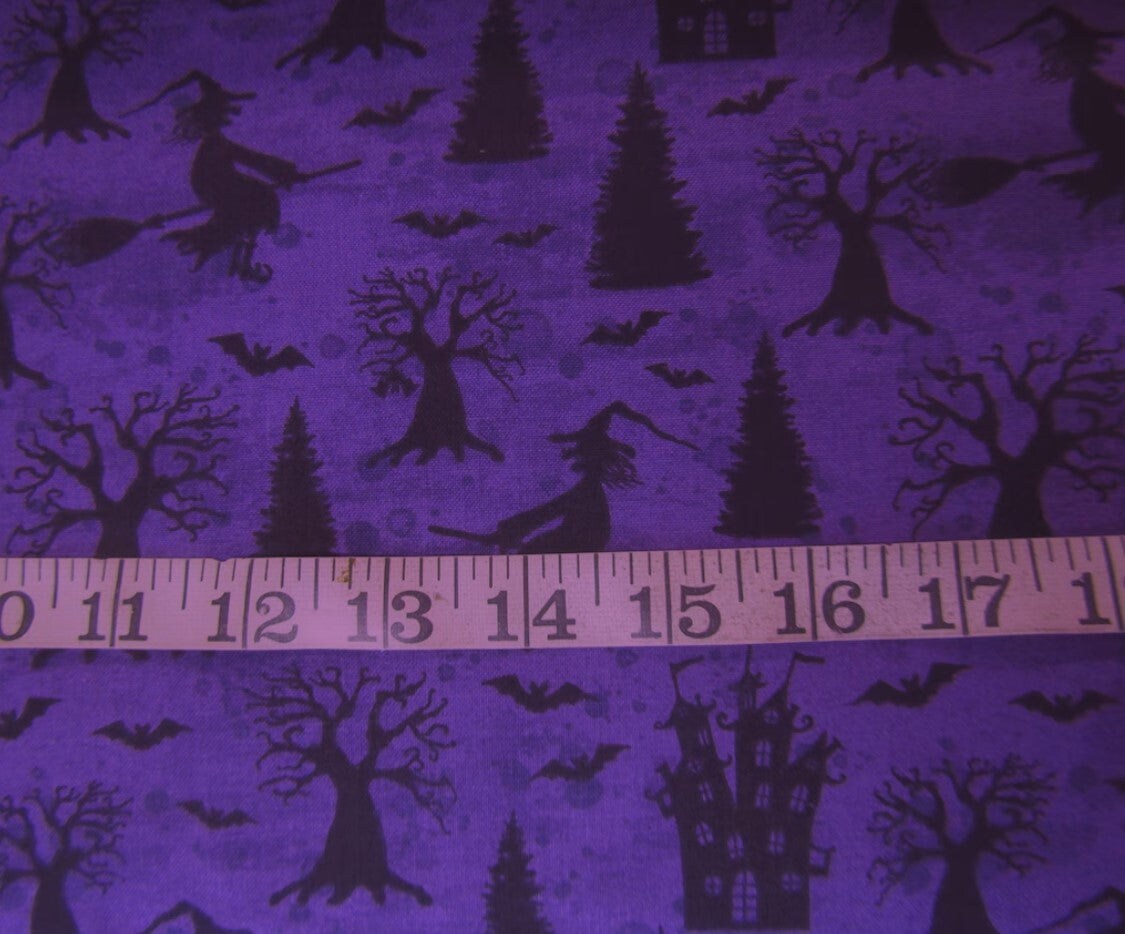 Halloween Witches Bats and Houses on Purple 100% Cotton Fabric