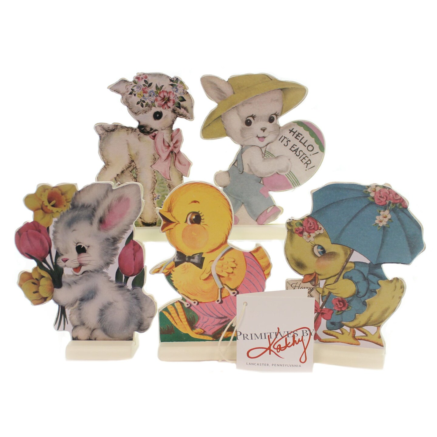 Primitives By Kathy 4.75 In Retro Easter Stand Up Dummy Boards Easter Figurine Set , Lightweight Spring Decor Bunny Chicks Lamb