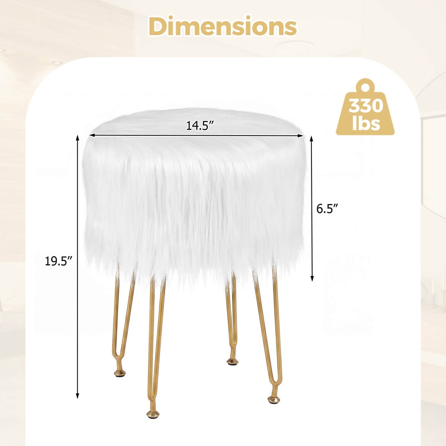 Costway Faux Fur Vanity Chair Makeup Stool Furry Padded Seat Round Ottoman Pink/White