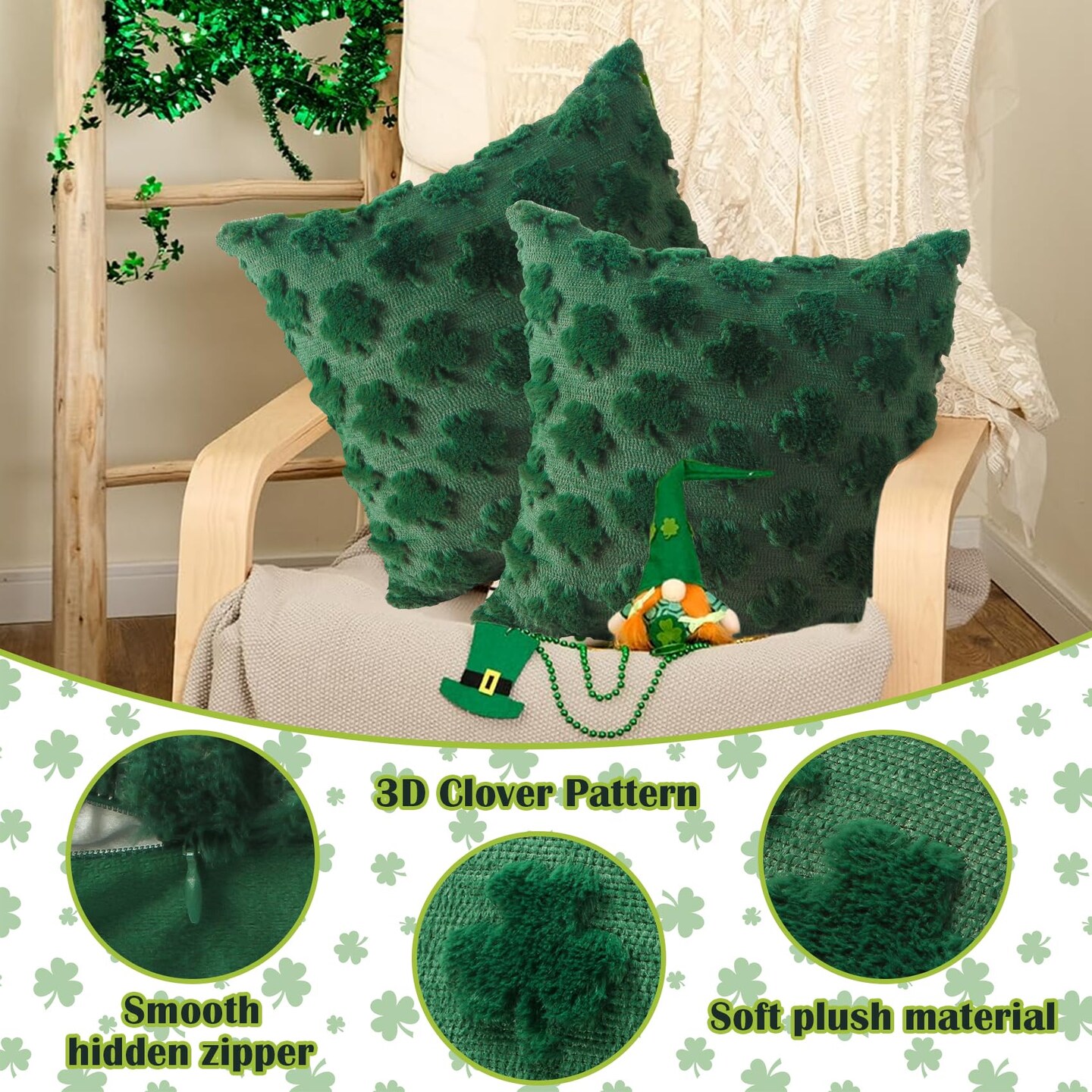 St Patricks Day Pillow Covers, 18x18 Inch Set of 2 Green Shamrock Throw Pillows, Soft Plush & Faux Fur Decor for Couch Sofa Bedroom, Holiday Home Decorations