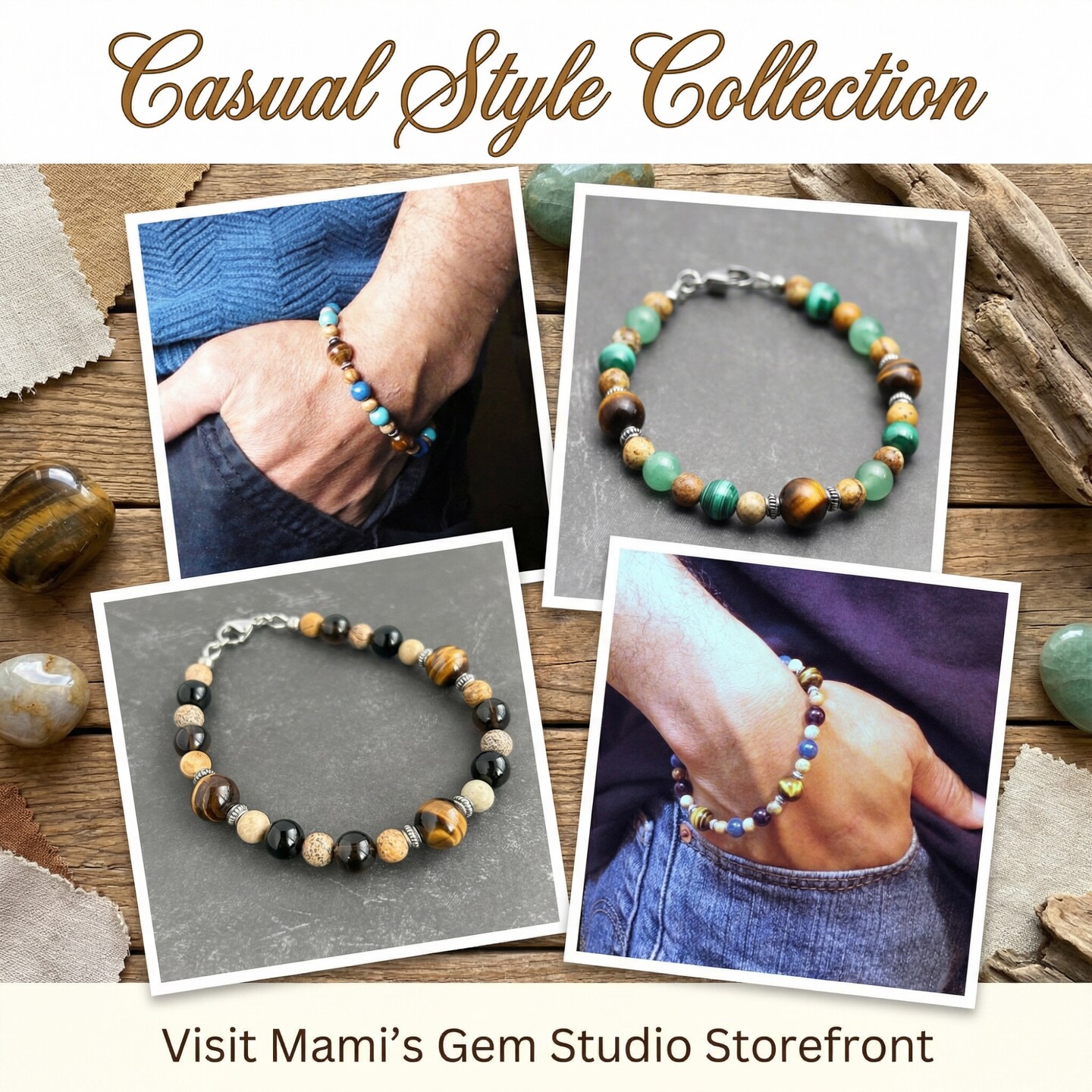 Tiger Eye, Black Onyx, Smoky Quartz, Picture Jasper, and Bali