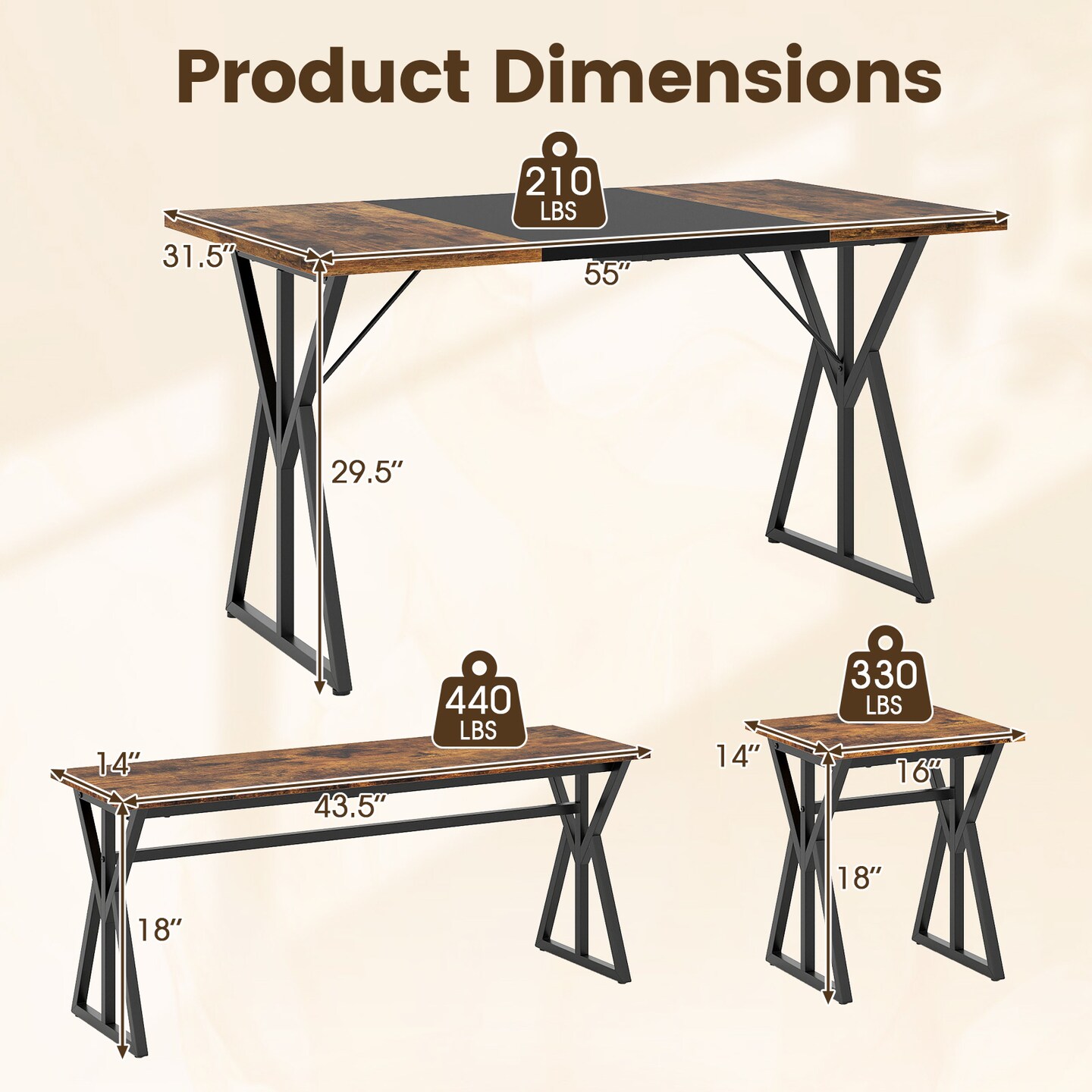 Rustic 5 Piece Dining Table Set Space Saving Benches and Stools Rustic Brown Black