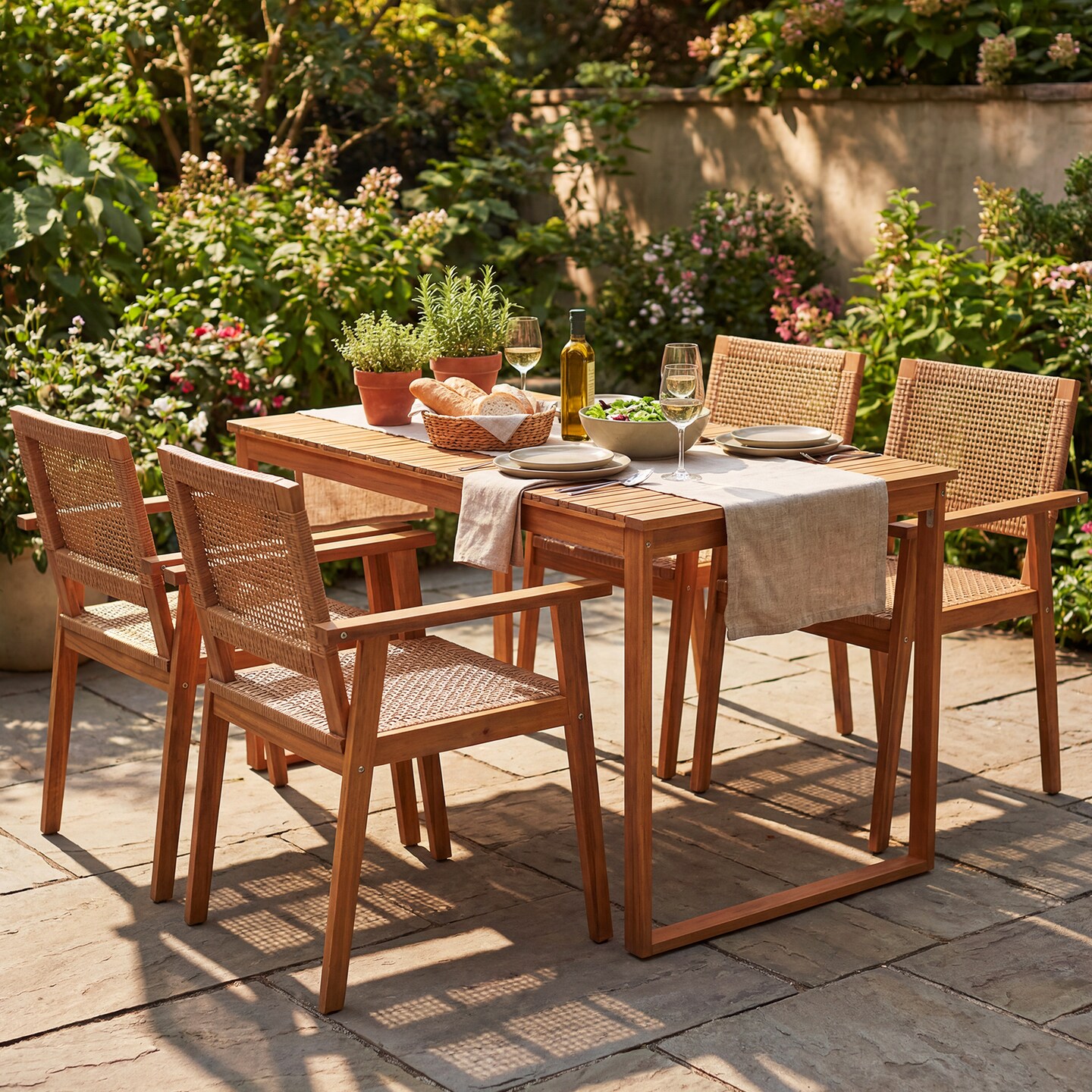 Boho Outdoor Dining Set 5 Piece Acacia Wood Table with Stackable Rattan Chairs Natural