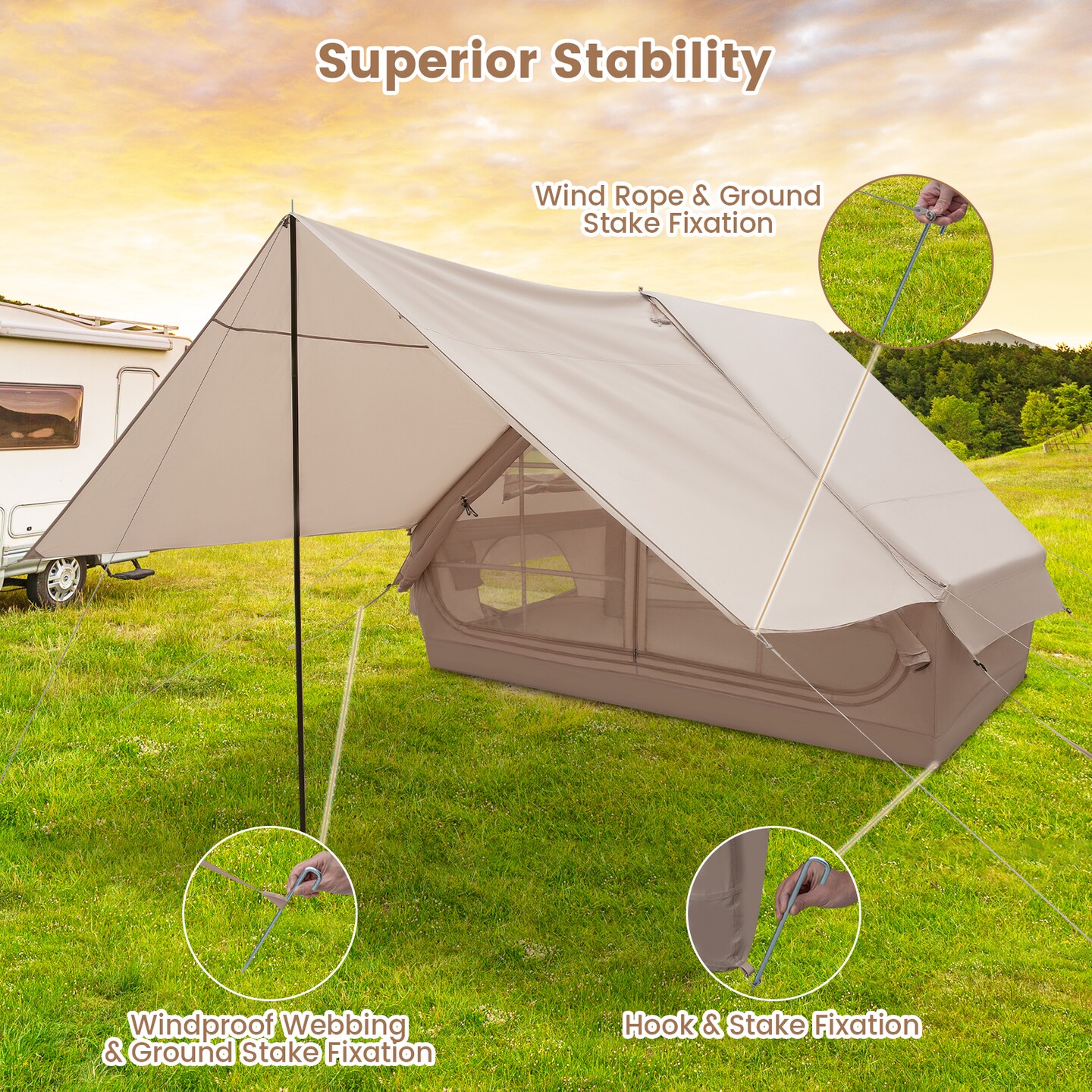 Beige Inflatable Camping Tent 4-6 Person Instant Setup Waterproof Outdoor Tent