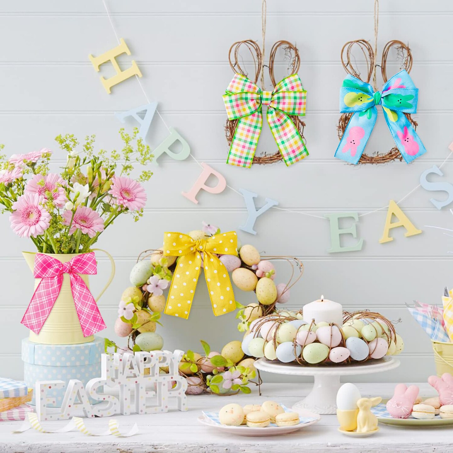 4PCS Easter Spring Pastel Wired Ribbon Rolls, Easter Bunny Wired Edge Ribbons, Decorative Wrapping Ribbon for Gift, Colorful DIY Craft Fabric Ribbons for Holiday Decor, 24 Yards