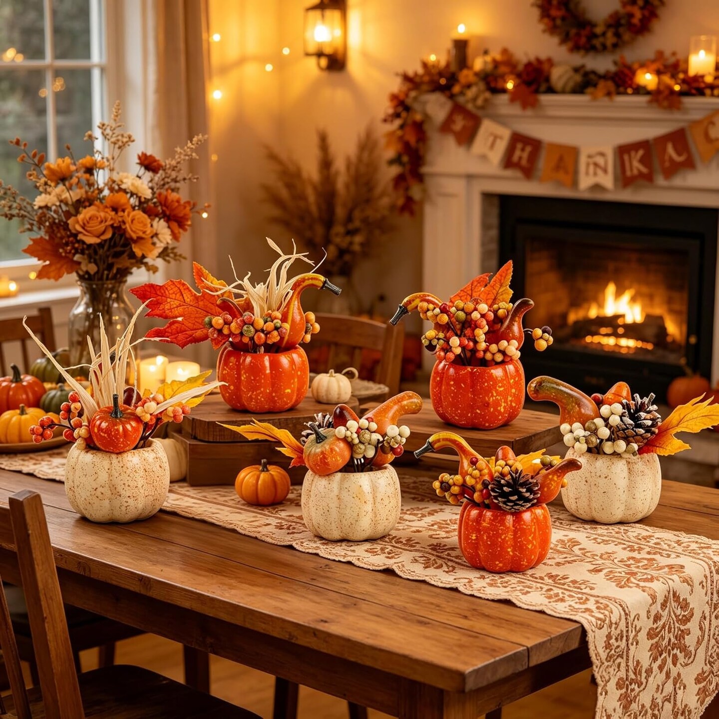 Fall Decorations for Home, Set of 6 Artificial Pumpkins with Berry