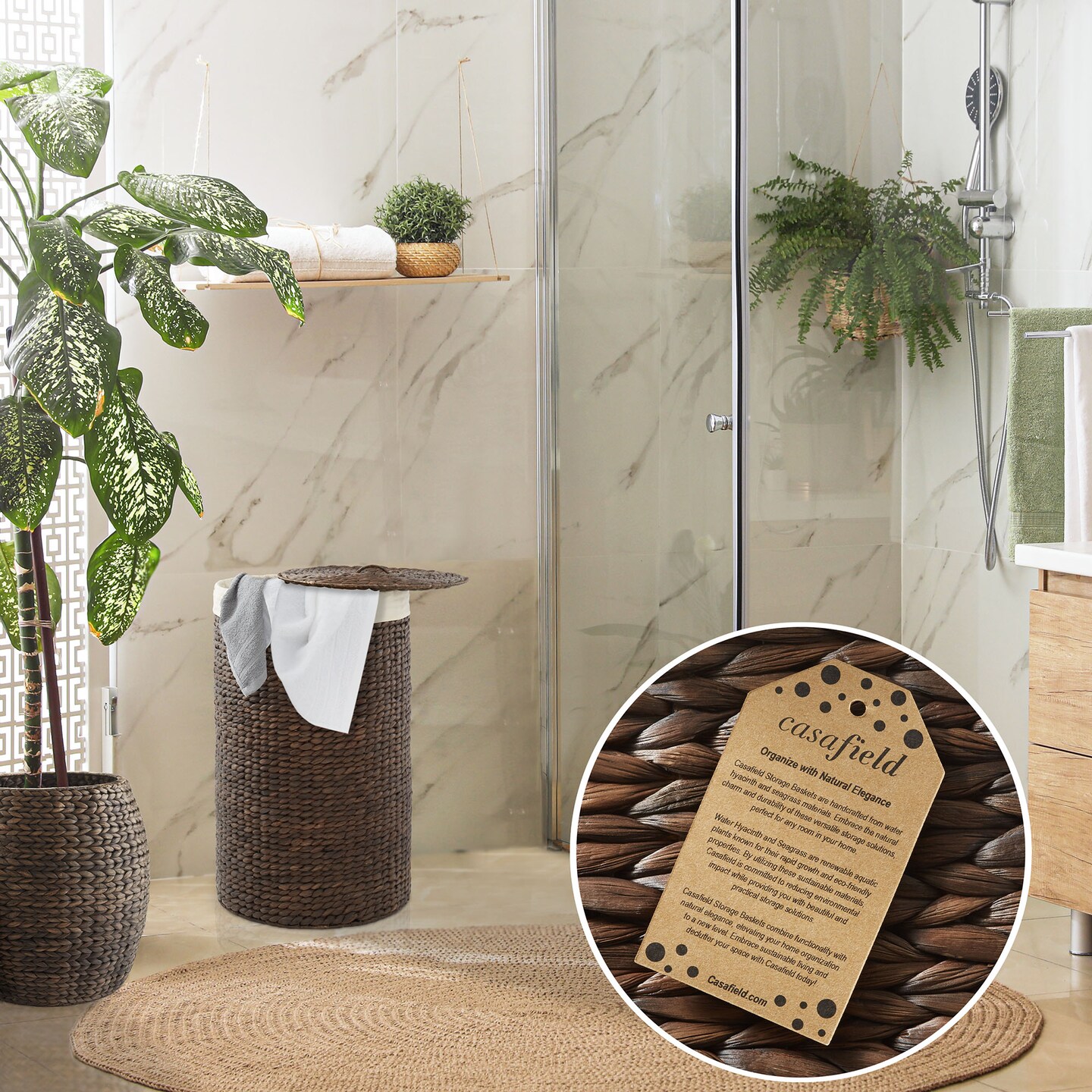 Casafield Round Laundry Hamper with Lid and Removable Liner Bag, Woven Water Hyacinth Wicker Laundry Basket for Clothes and Towels