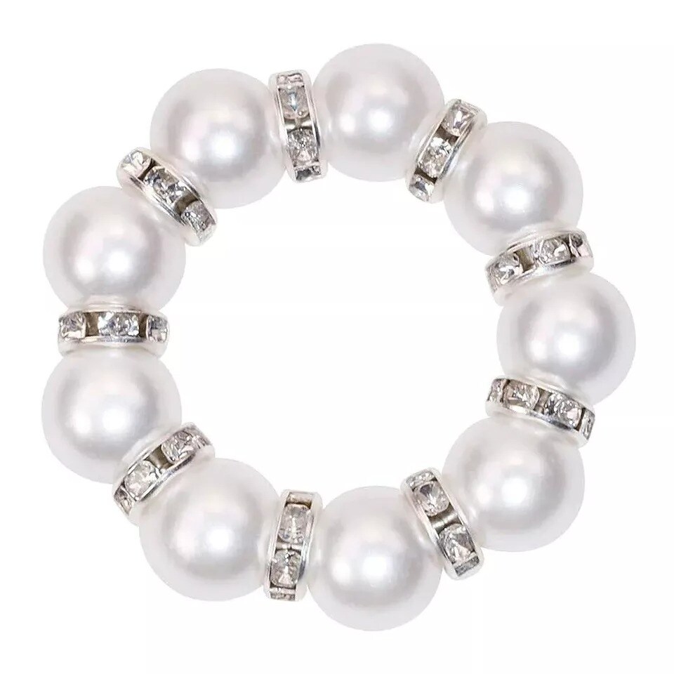 4 White Faux Pearl Beads Silver Rhinestones NAPKIN RINGS Party Event Decorations