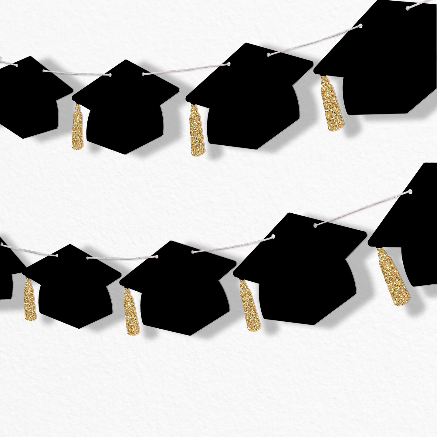 Big Dot of Happiness Graduation Cap Garland Banner, High School or Elementary Grad Photo Backdrop, 10 Feet of Cord, 15 Black Hats with Gold Tassels
