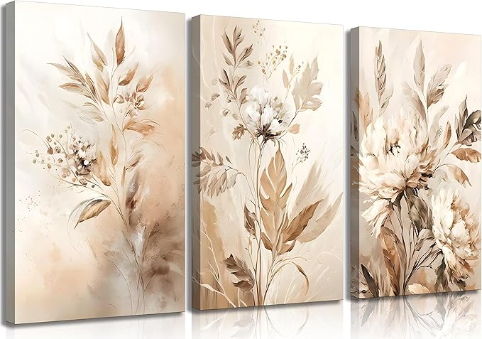 3 Pcs Beige Neutral Flower Canvas Wall Art Wildflowers Floral Botanical Painting Picture Wall Decor Poster Print Artwork for Bedroom Living Room Home Decoration
