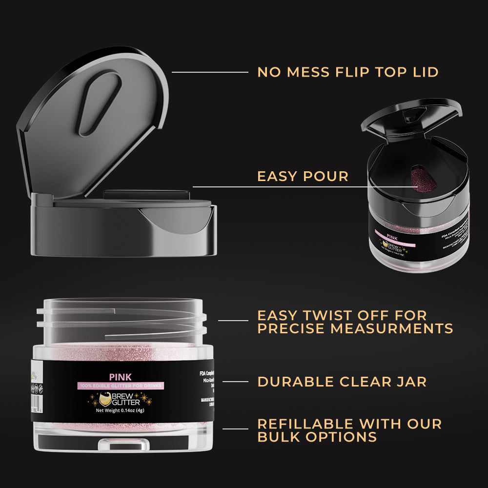 Brew Glitter - Pink Edible Drink Glitter (4g, x1 Flip-Cap Jar) for Beer, Cocktails and Beverages