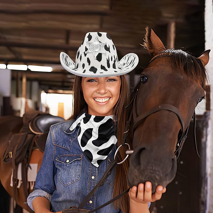 4E&#x2019;s Novelty Cow Print Cowboy Hat with Bandana for Men &#x26; Women - Velvet Feel Black and White Cowgirl Hat for Cow Themed Party Decorations &#x26; Cosplay